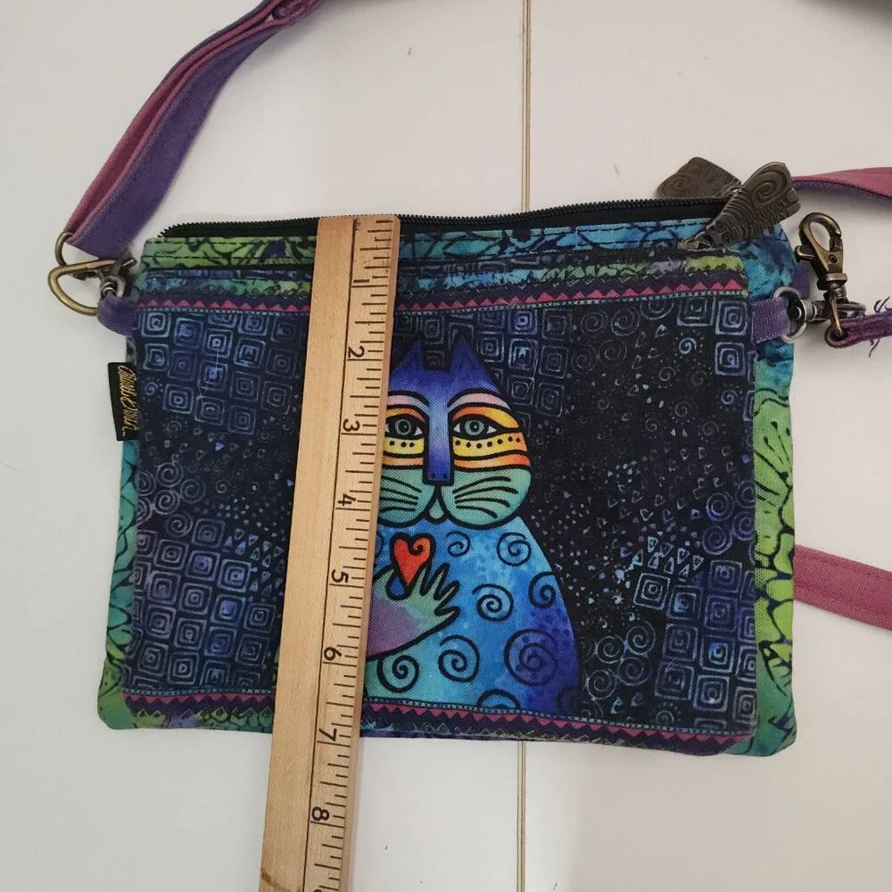 Laurel Burch "Wishing Love Cat" Canvas Crossbody Purse Blue and Green - Picture 10 of 10